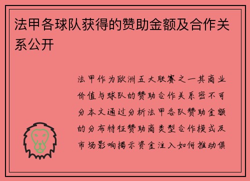 法甲各球队获得的赞助金额及合作关系公开