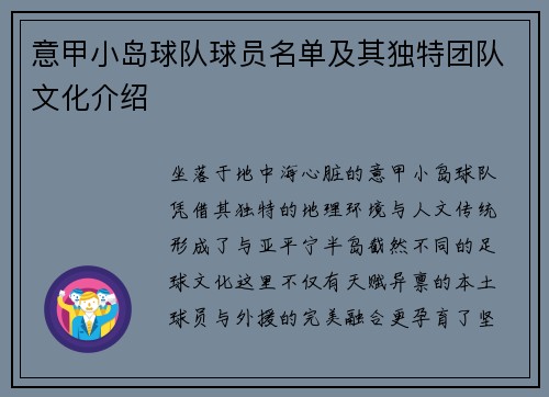 意甲小岛球队球员名单及其独特团队文化介绍